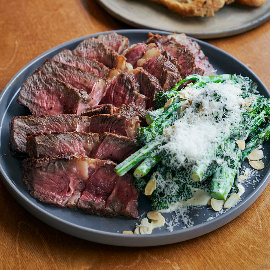 Grass-fed Irish Côte de boeuf with almond Caesar salad, beef dripping toast