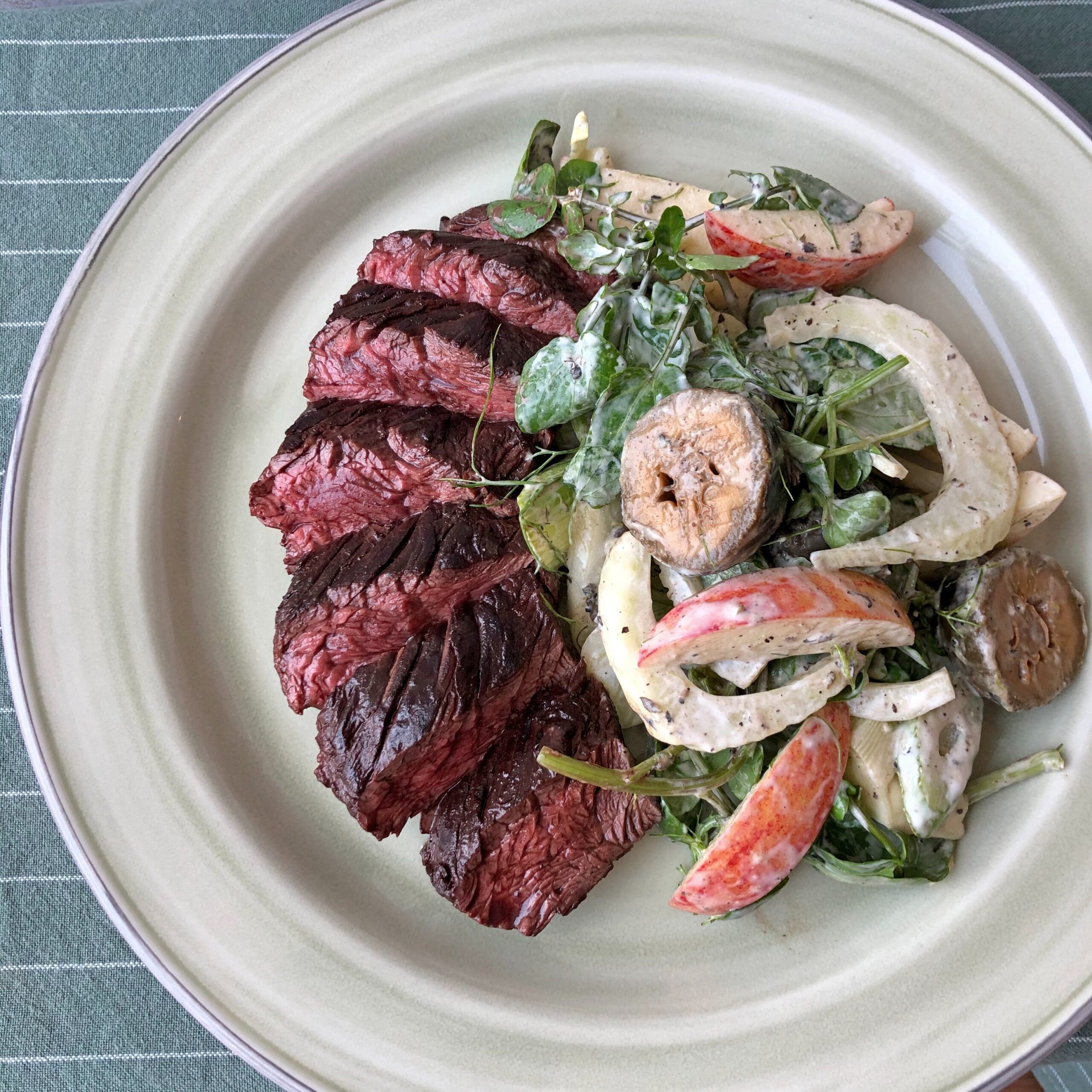 Cocoa rubbed grass-fed Irish onglet with a pickled