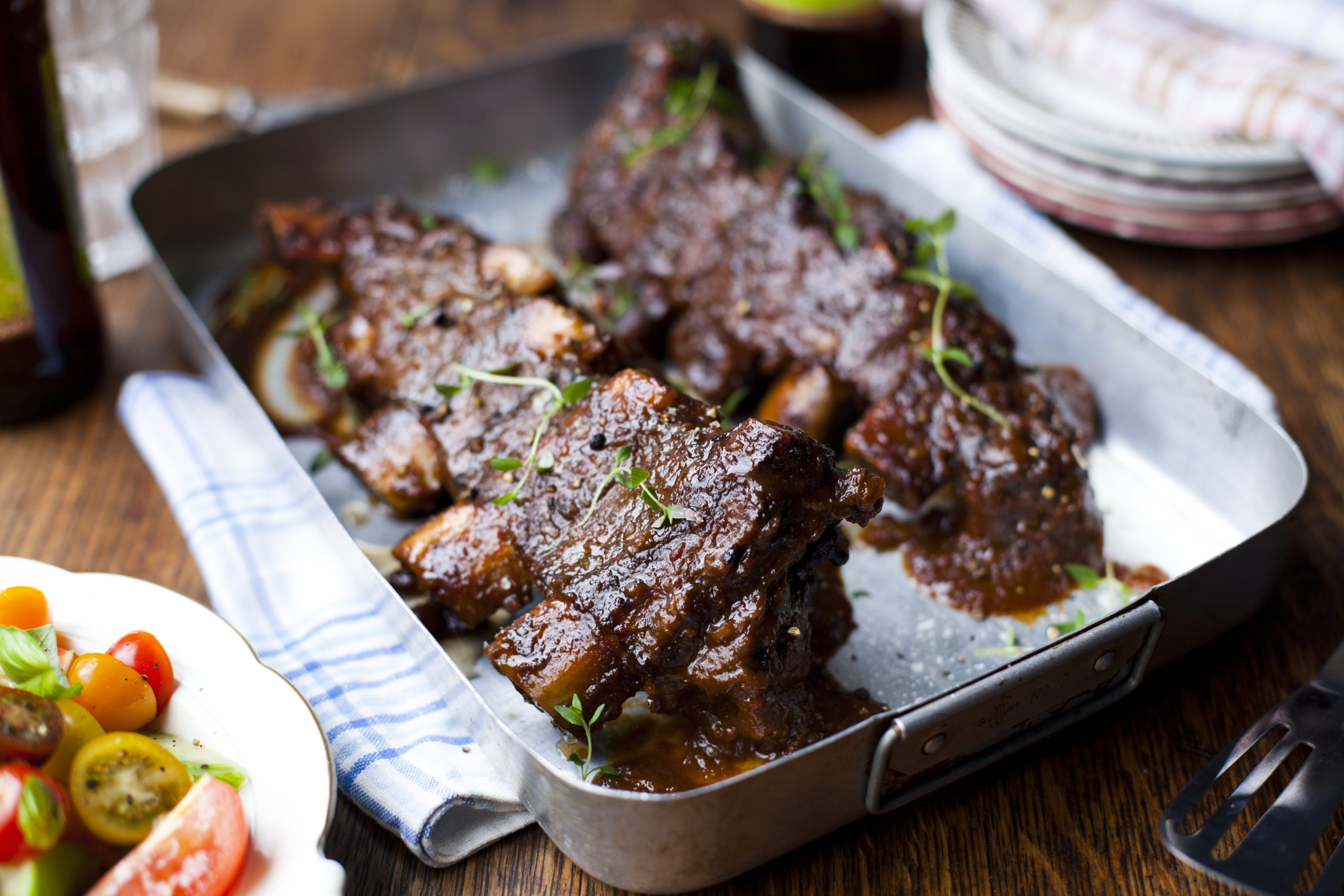 Smothered sticky barbecued beef short ribs