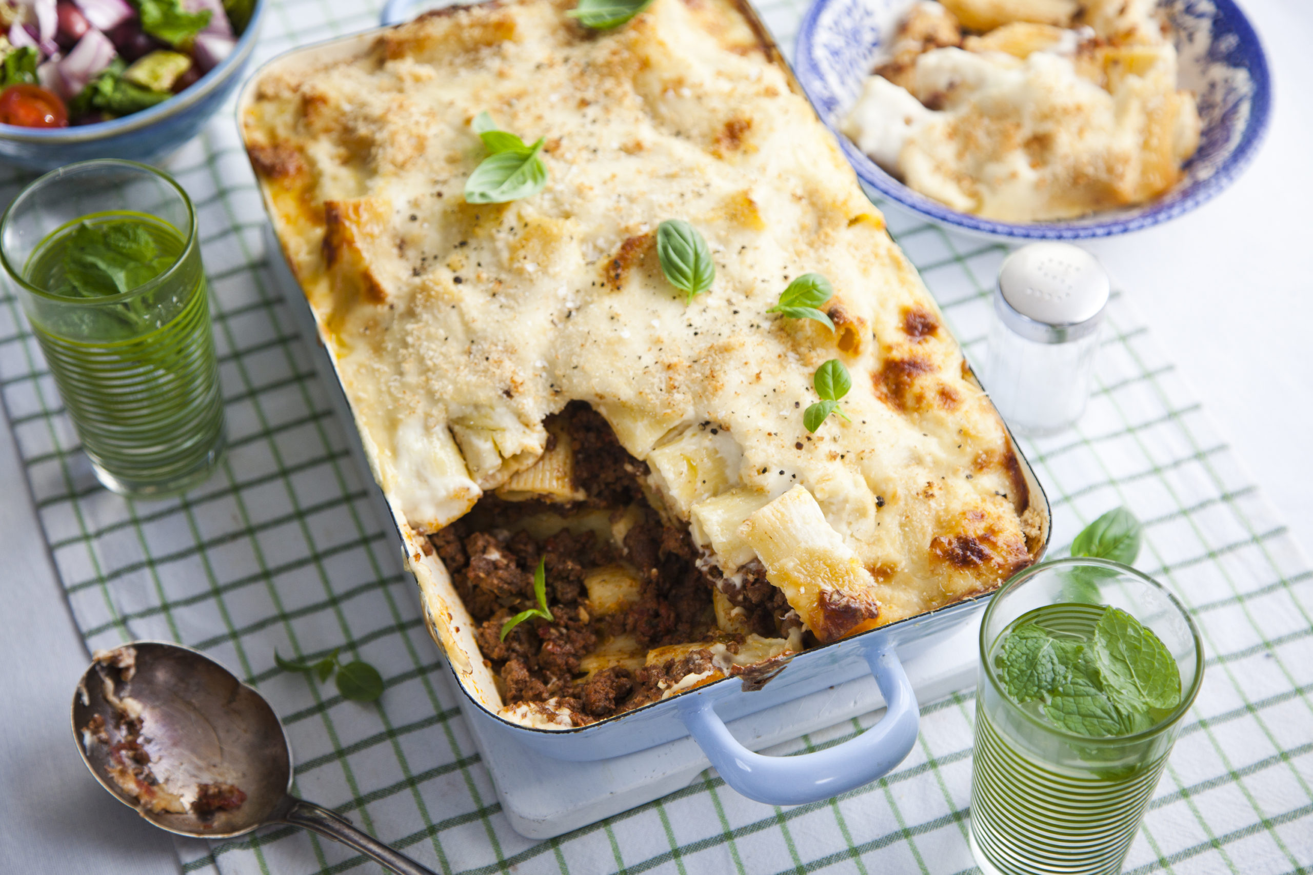 Indulgent baked beef pastitsio topped with kefalotiri cheese