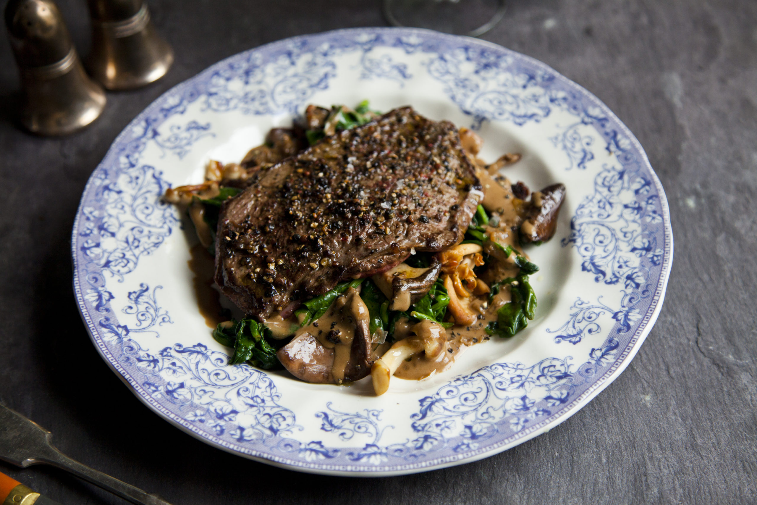 Tenderloin medallions with a crushed peppercorn crust