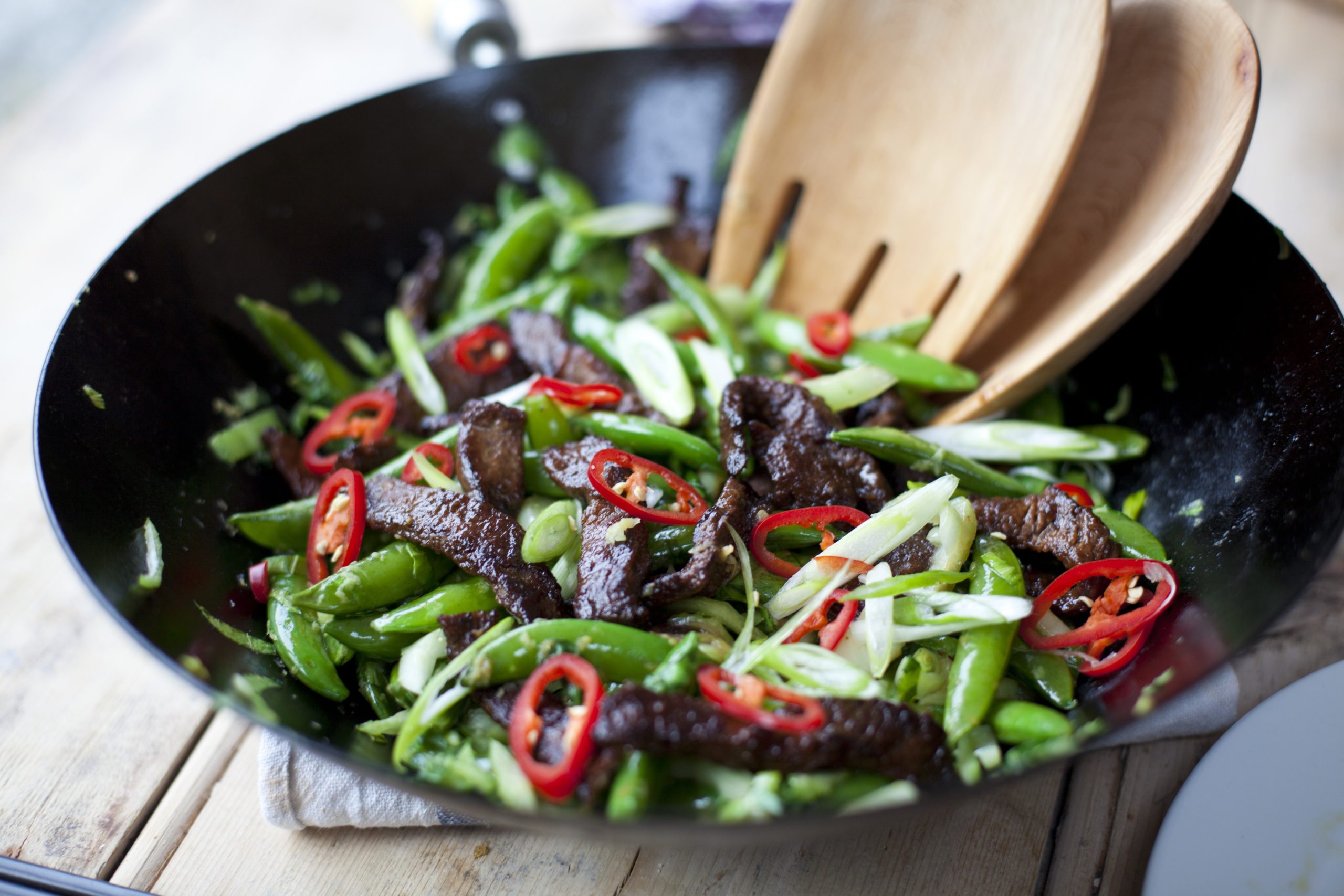 Stir-fried ginger beef with crunchy aromatic greens