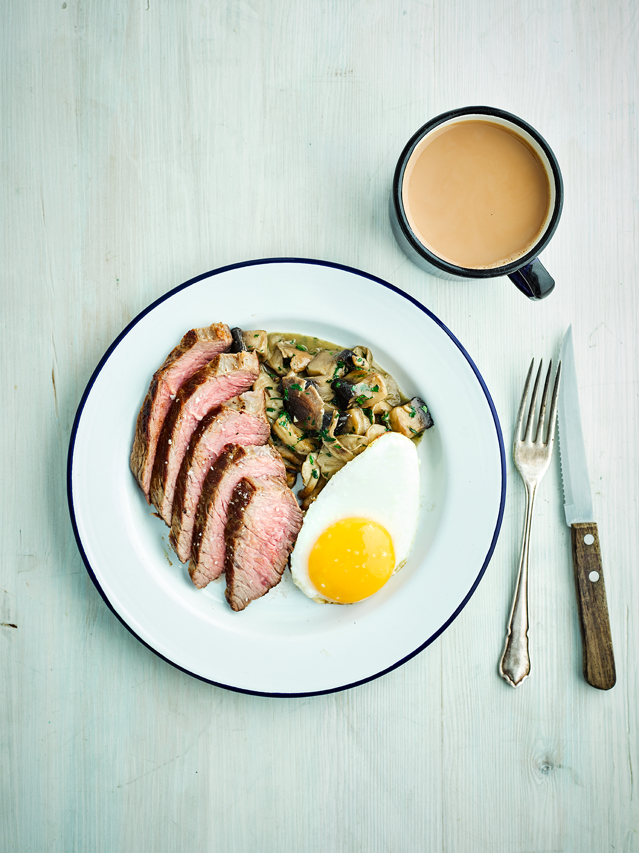 Irish rump steak with wild mushrooms and duck egg