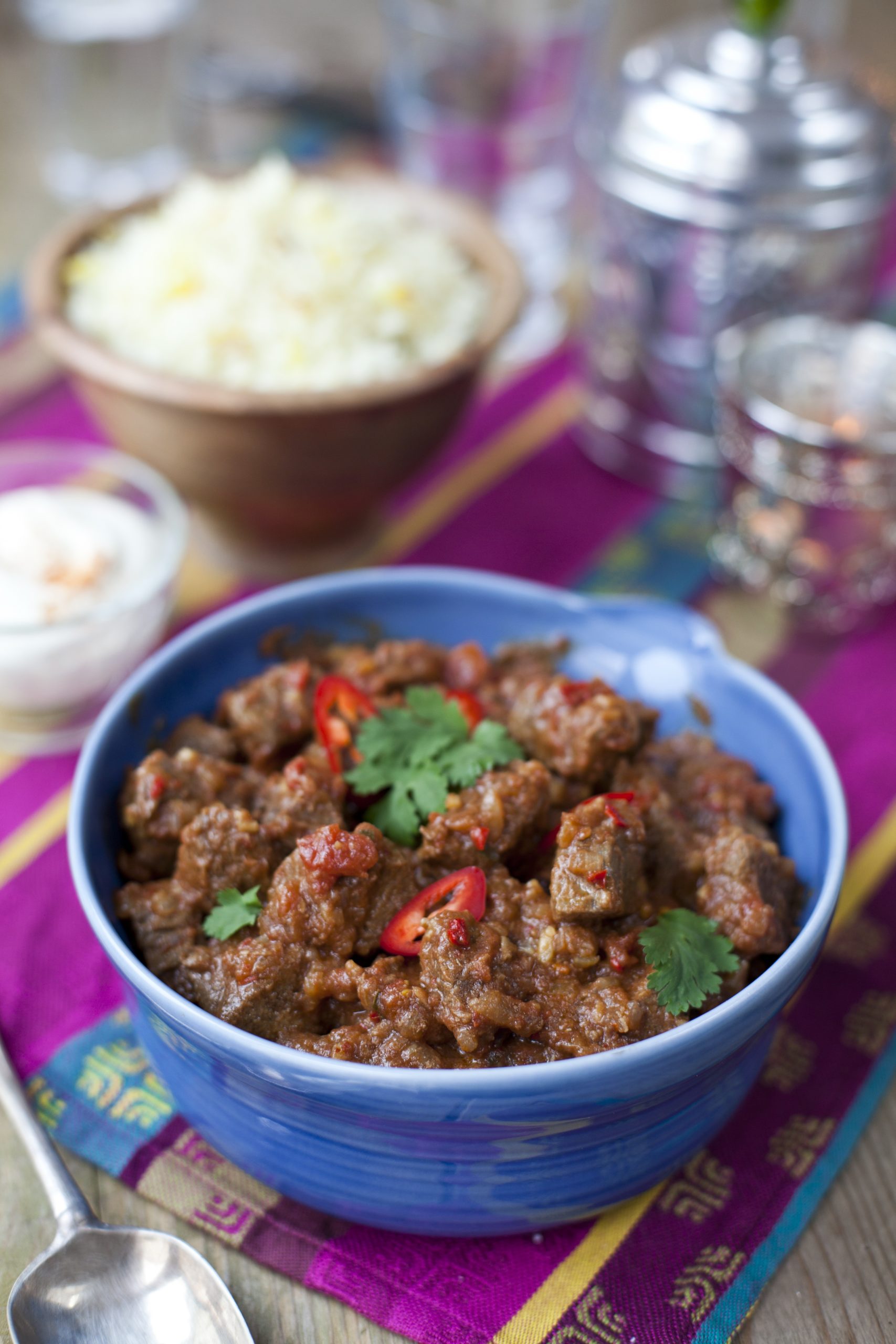 Beef vindaloo with saffron rice