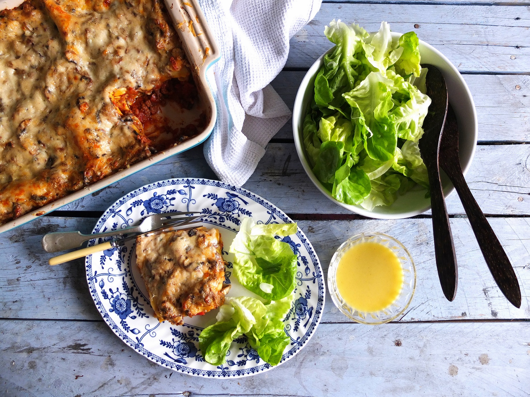 Beef and mushroom lasagne with a herbed béchamel crust