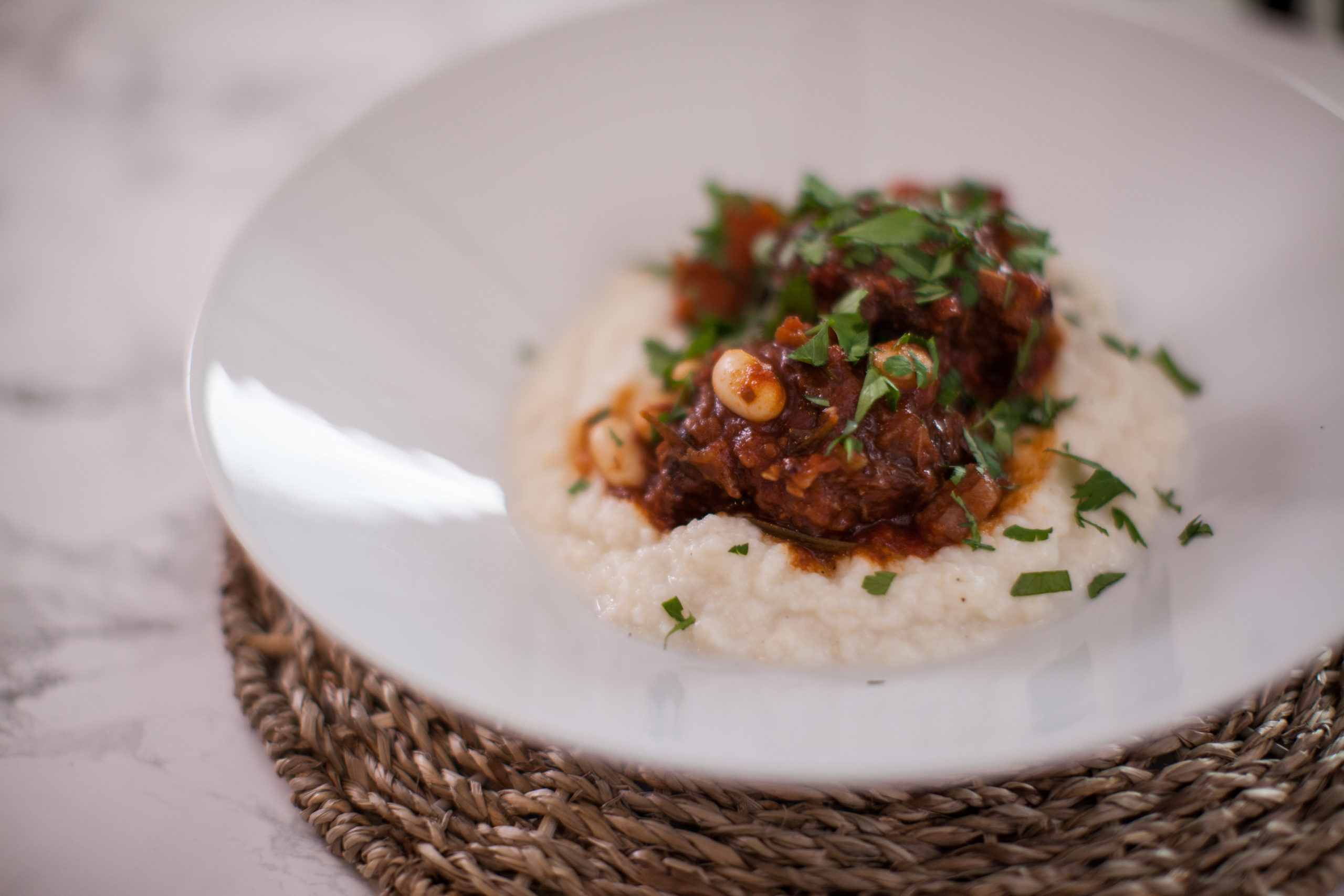 Slow Cooked Beef & White Beans with Cauliflower Mash