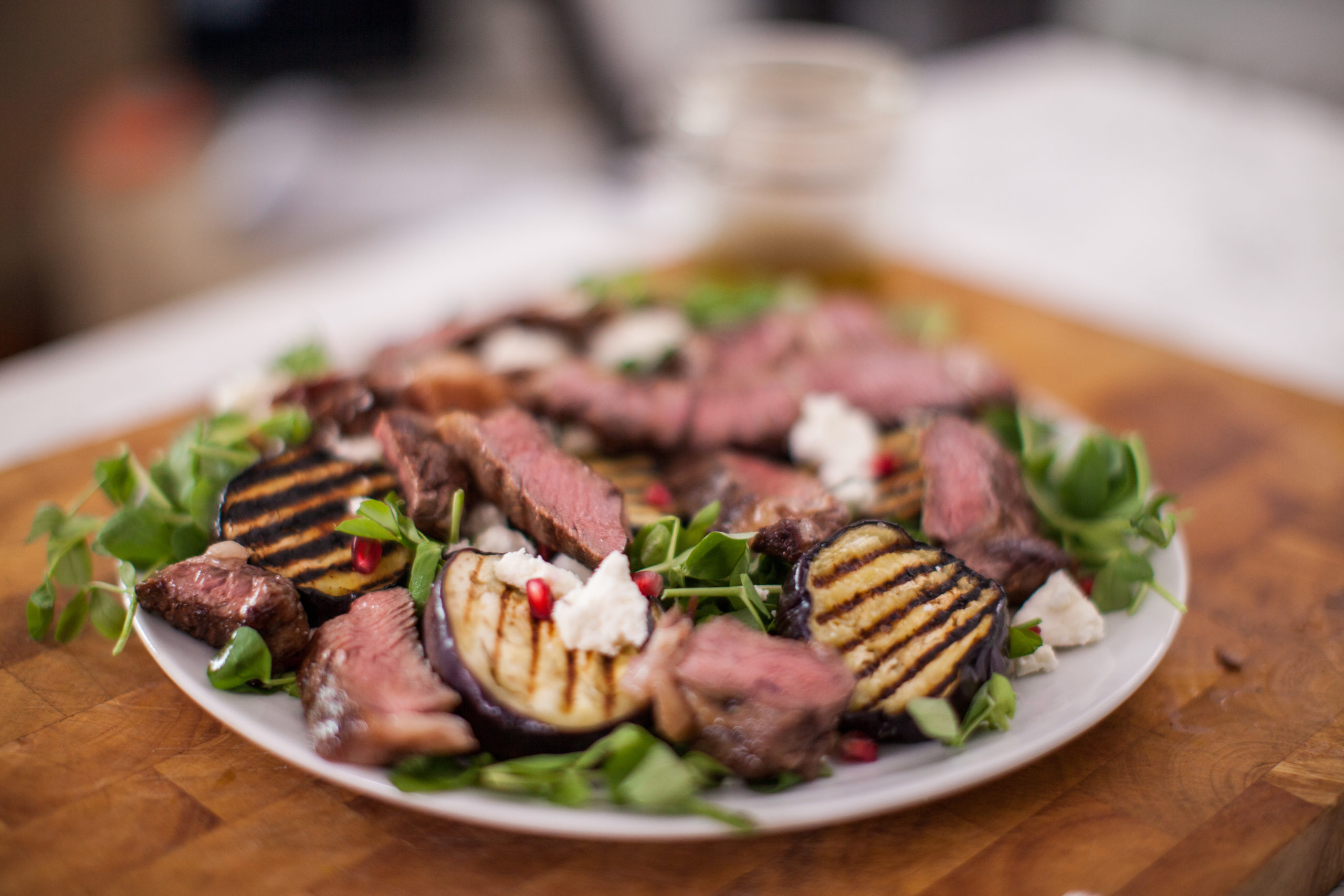 Seared Beef with Smoky Aubergine and Pomegranate Salad