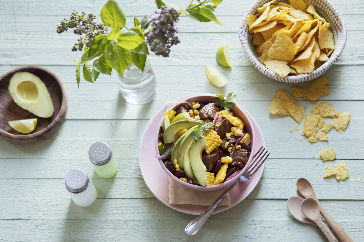 Mexican stew with Irish beef, kidney beans, corn and avocado