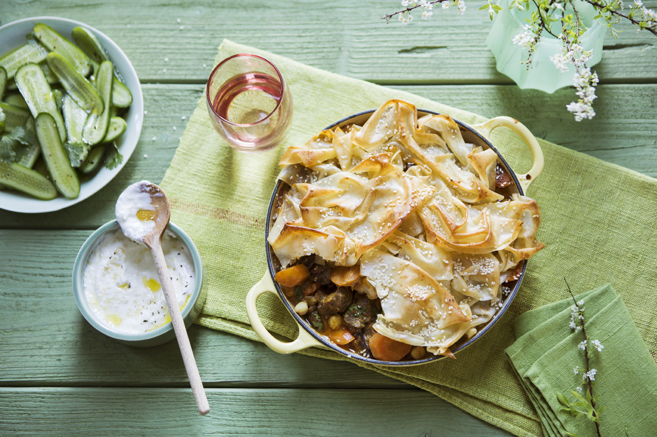 Stew with Irish beef, chickpeas and a filo pastry lid