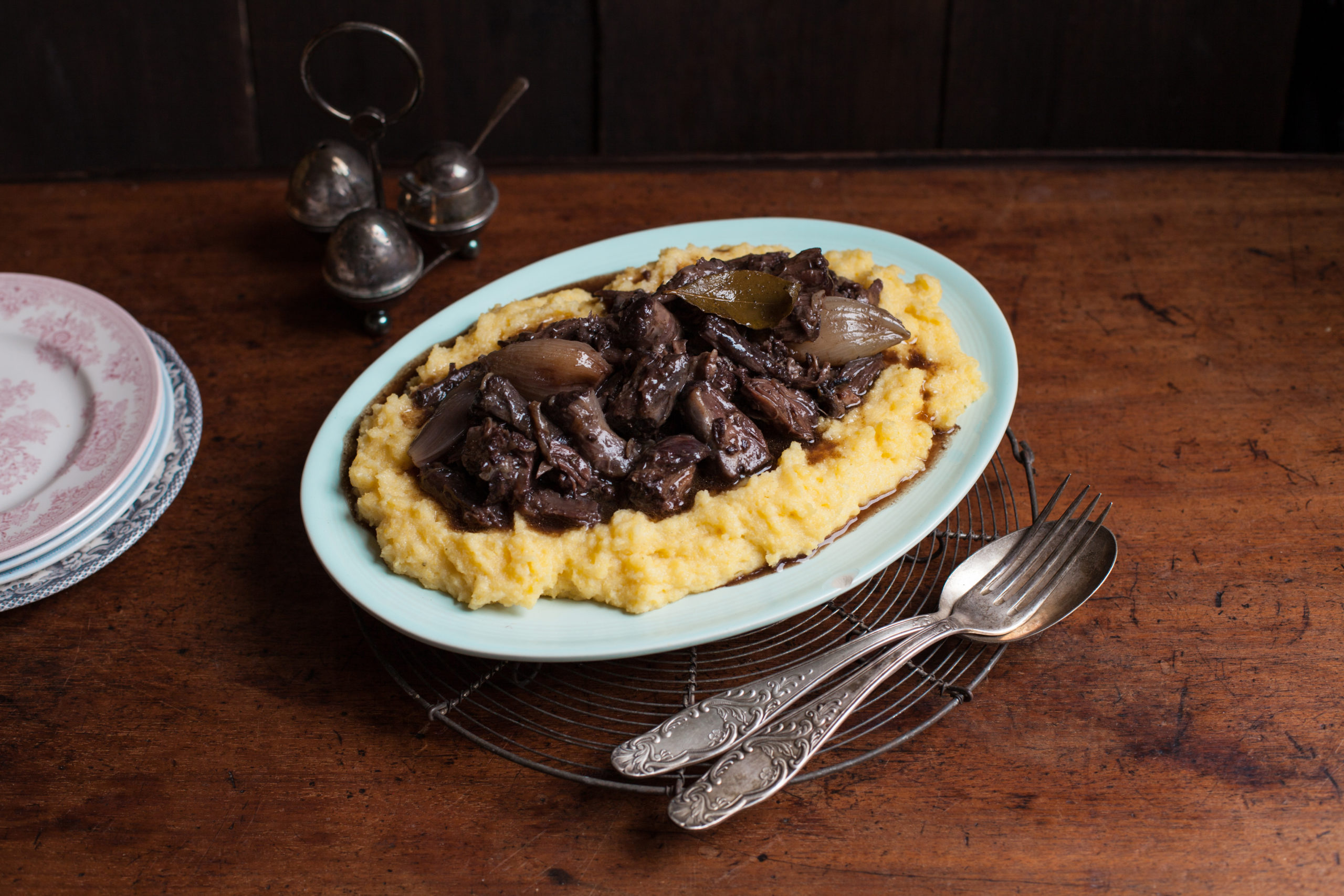 Irish oxtail and red wine stew on a base of polenta