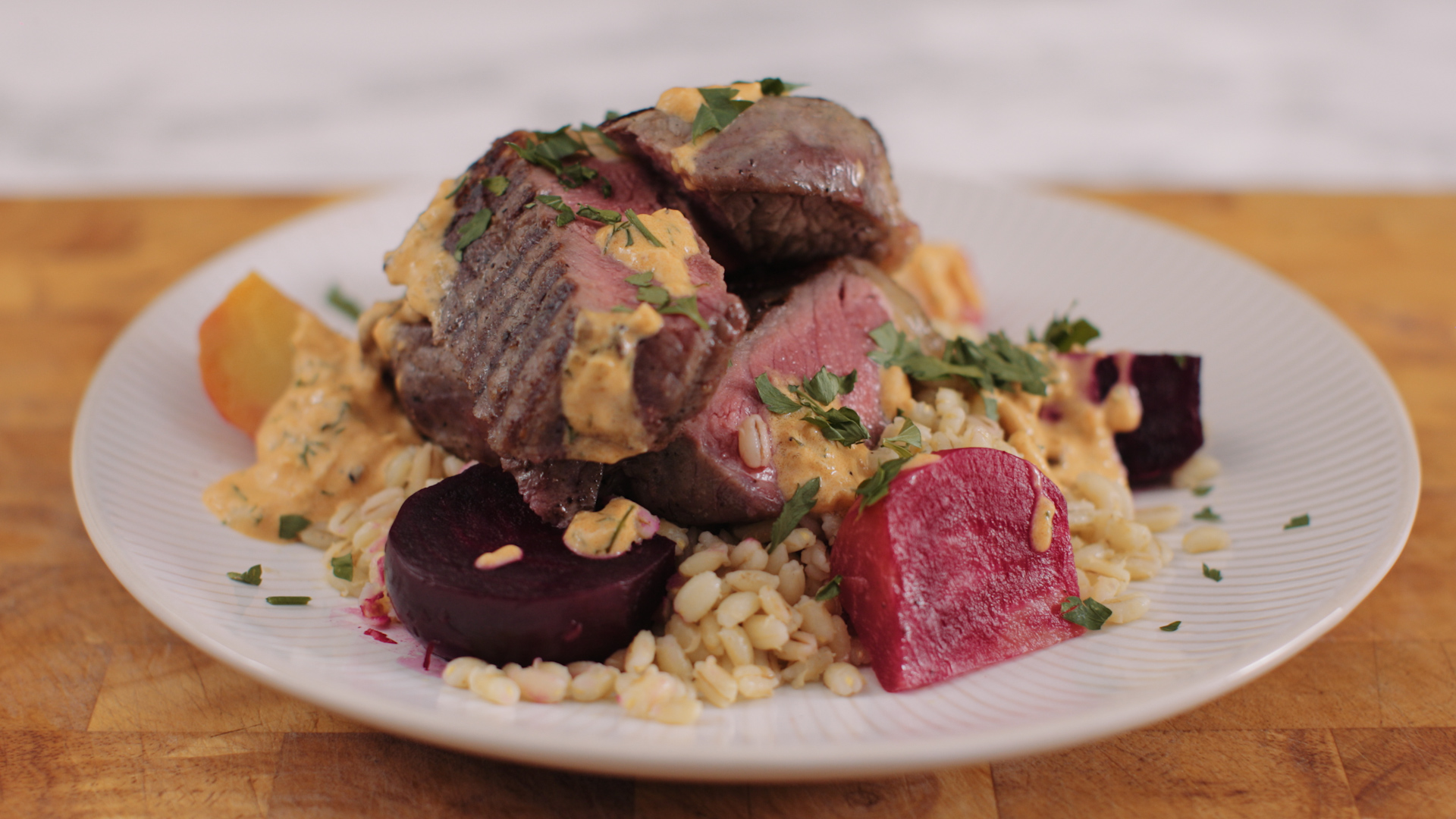 Grilled Beef on a Bed of Pearly Barley with Heirloom Beetroot