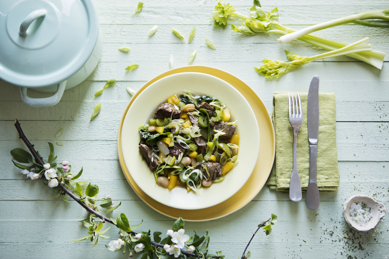 Stew with Irish Beef, white beans, yellow pepper, spinach, and spring onion