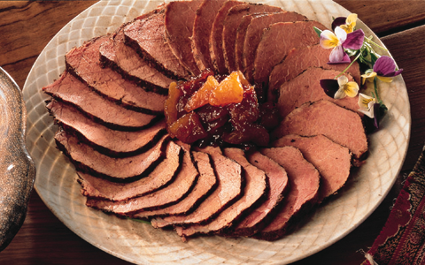 Spiced beef with tangy apricot and almond chutney