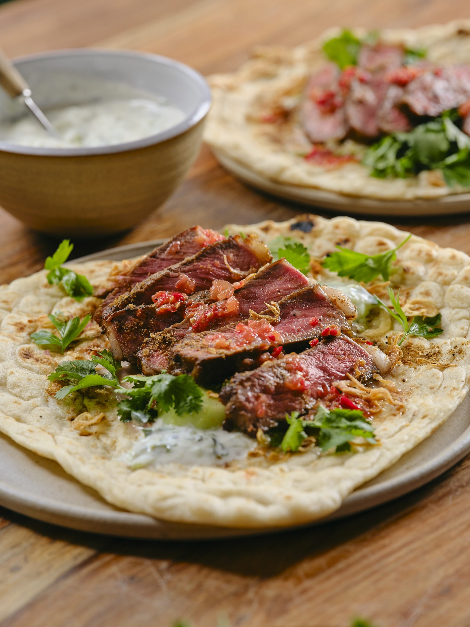 Cumin spiced grass-fed Irish sirloin flatbreads