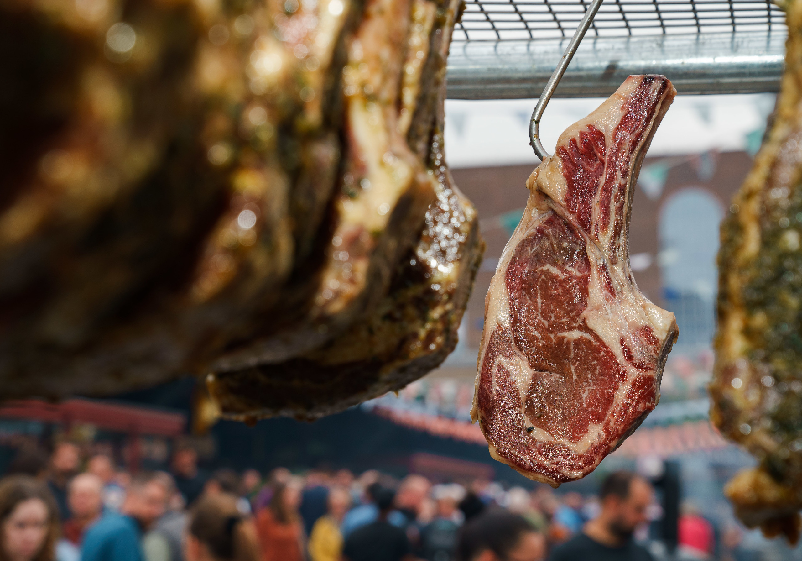 Cuts of beef hanging up